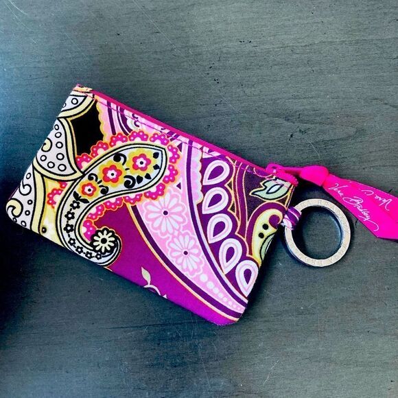 Vera Bradley Very Berry Paisley Zipper ID Wallet Keychain Coin Purse - Picture 1 of 4